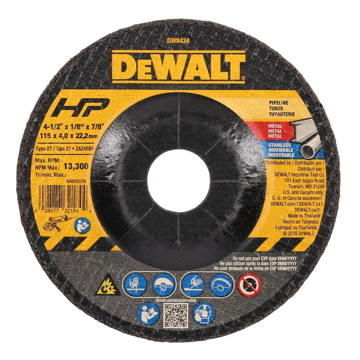 DeWalt DW8434 Z 4-1/2" x 1/8" x 7/8" Pipeliner Cut Grind Metal Grinding Wheel