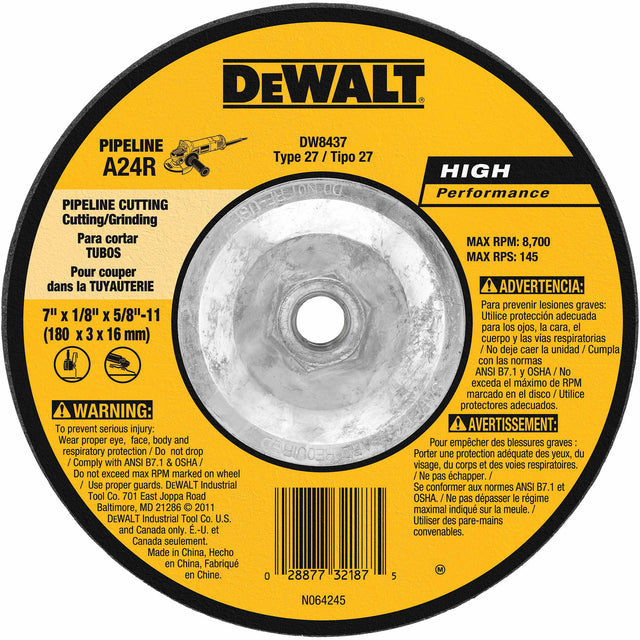 DeWalt DW8437 7" x 1/8" x 5/8"-11 Pipeline Cutting / Grinding Wheel