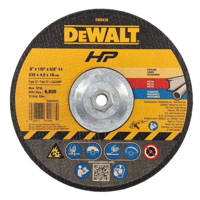 DeWalt DW8439 9" High Performance Pipeline Grinding Wheel Type 27 1/8" Thick