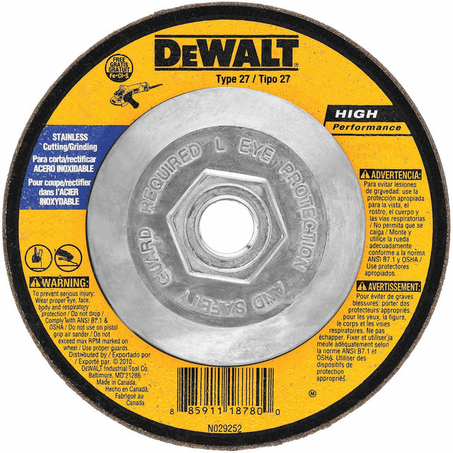 DeWalt DW8457H 6" x 1/8" Type 27 HP Stainless Steel Grinding Wheel 5/8-11 Arbor