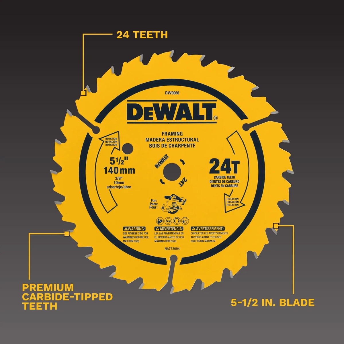 DeWalt DW9066 5-1/2" 24-Tooth Rough Finish Carbide Circular Saw Blade for Wood Cutting - 4