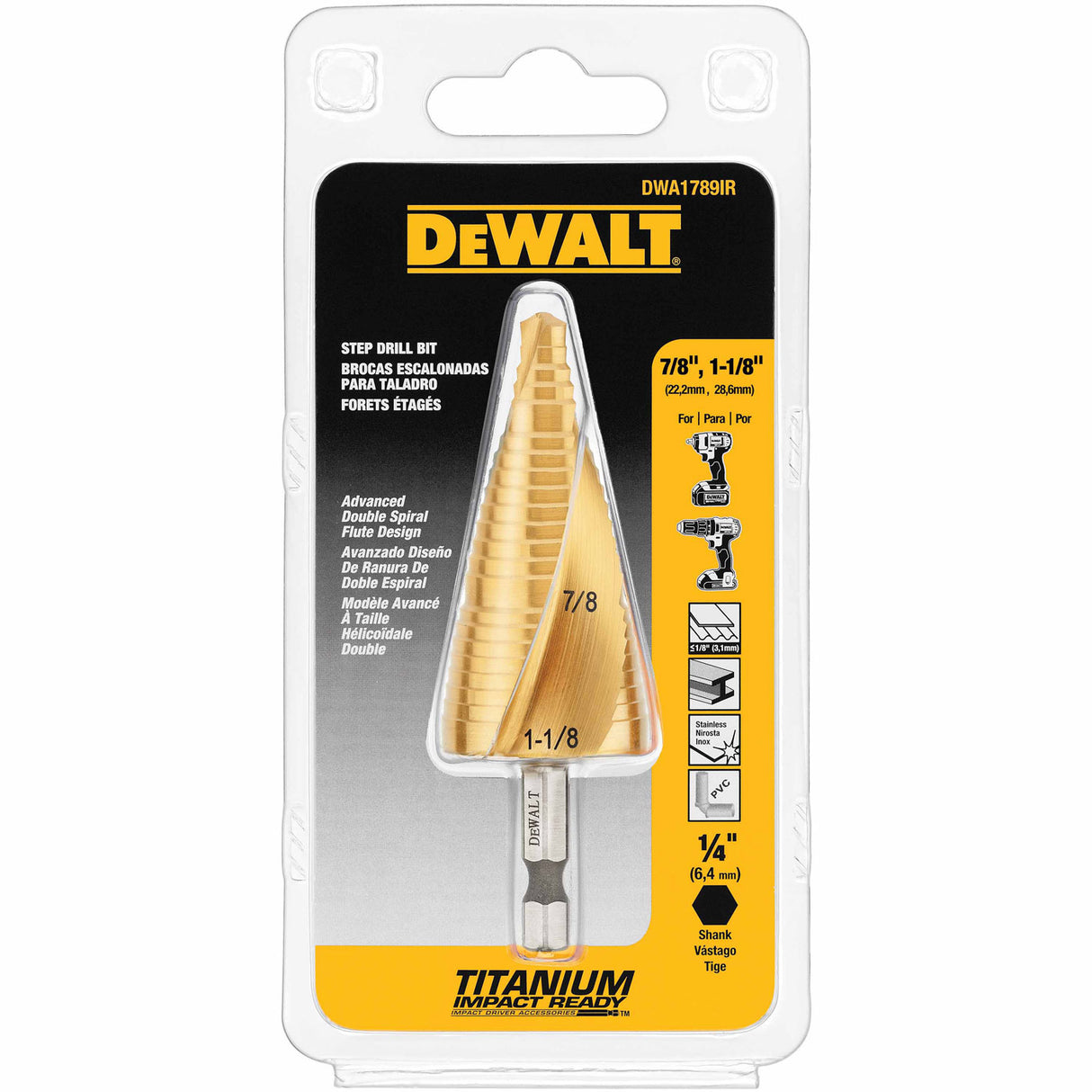 DeWalt DWA1789IR 7/8" - 1-1/8" 2 Step Titanium Nitride Coating Impact Ready Step Drill Bit - 6