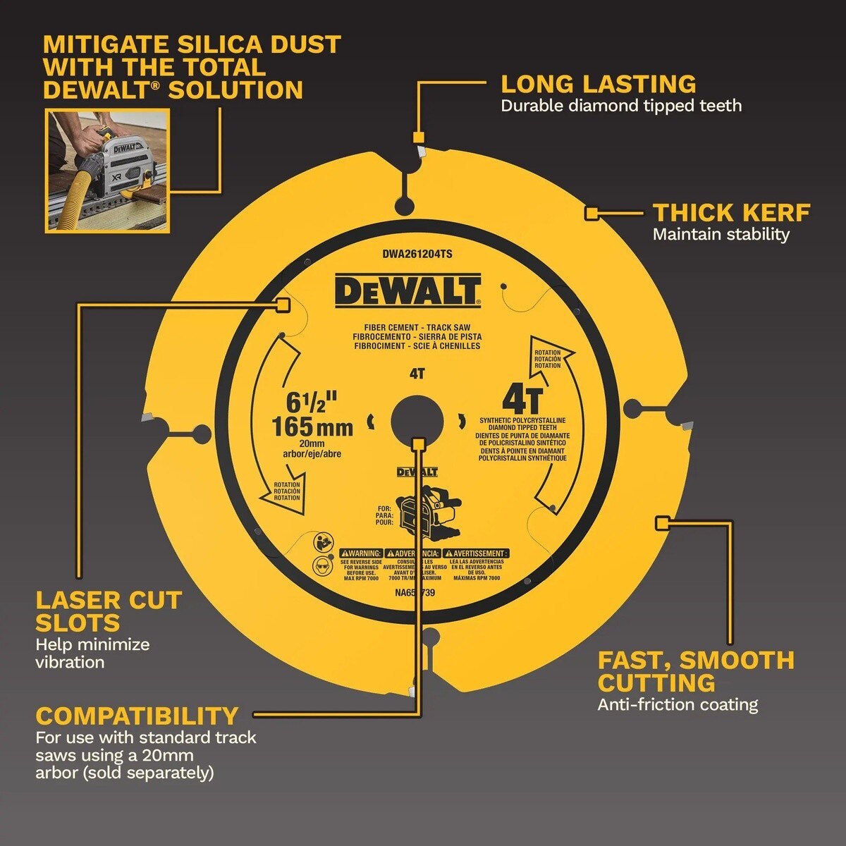 DeWalt DWA261204TS 6-1/2" 4T Diamond Tipped Fiber Cement Track Saw Blade for 20 mm Arbor Track Saws - 2