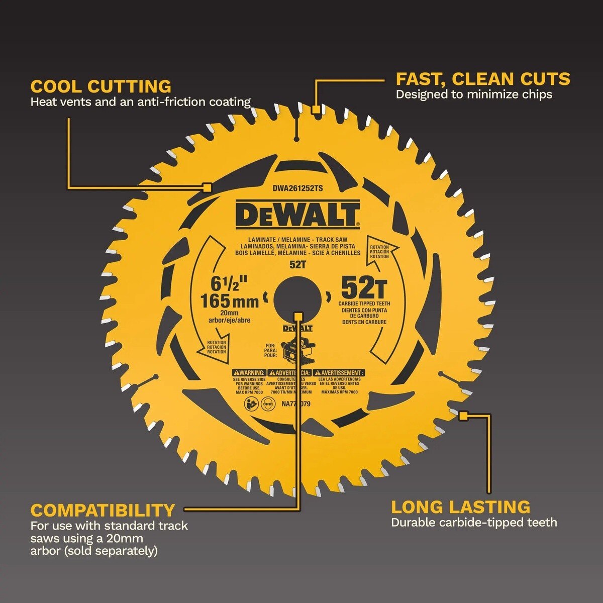 DeWalt DWA261252TS 6-1/2" 52T Laminate and Melamine Track Saw Blade - 4
