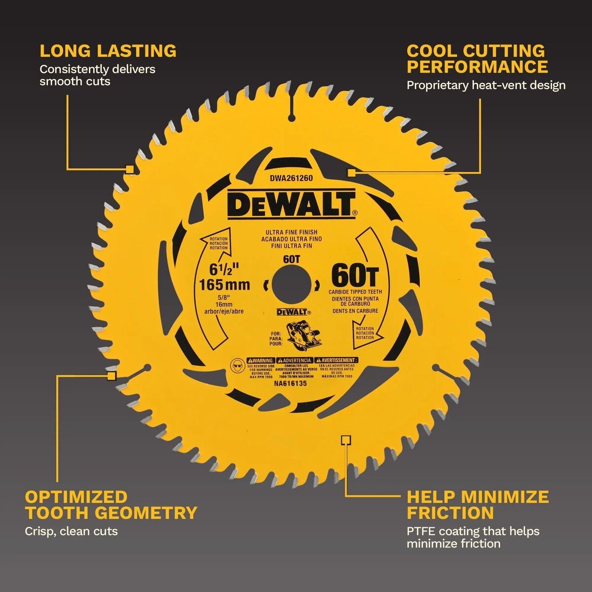 DeWalt DWA261260 6-1/2" 60T Circular Saw Blade for Ultra Fine Finish - 3