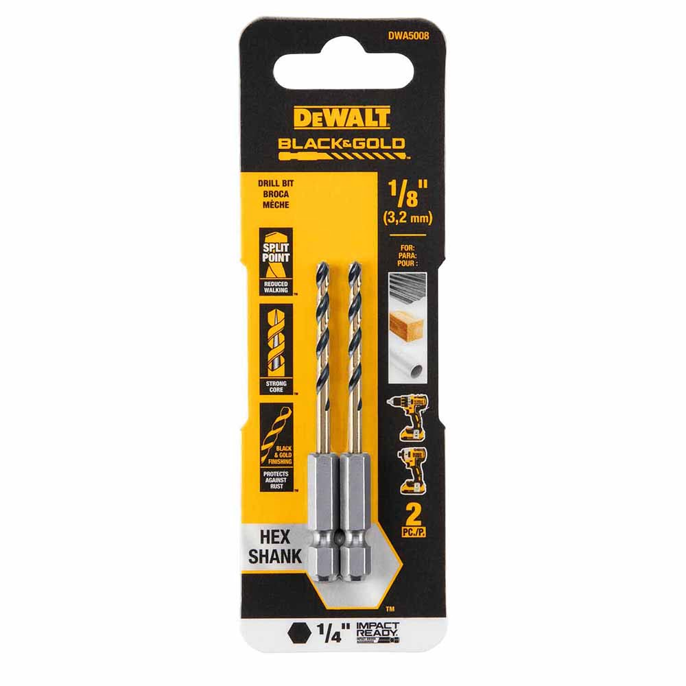 DeWalt DWA5008 1/8" Black & Gold Impact Ready Metal Drill Bit - 2