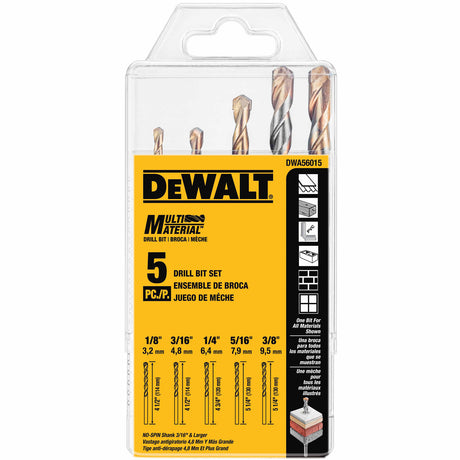 DeWalt DWA56015 5-Piece Multi-Material Drill Bit Set (1/4?, 3/16?, 1/8?, 5/16, 3/8?)