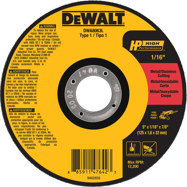 DeWalt DWA8063L 5 x 1/16 x 7/8 T1 HP Cut-Off Wheel