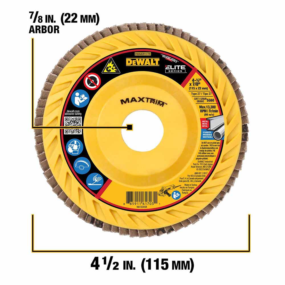 DeWalt DWA8281CTR ELITE SERIES 4-1/2 X 7/8 60G T27 Trimmable Flap Disc - 2