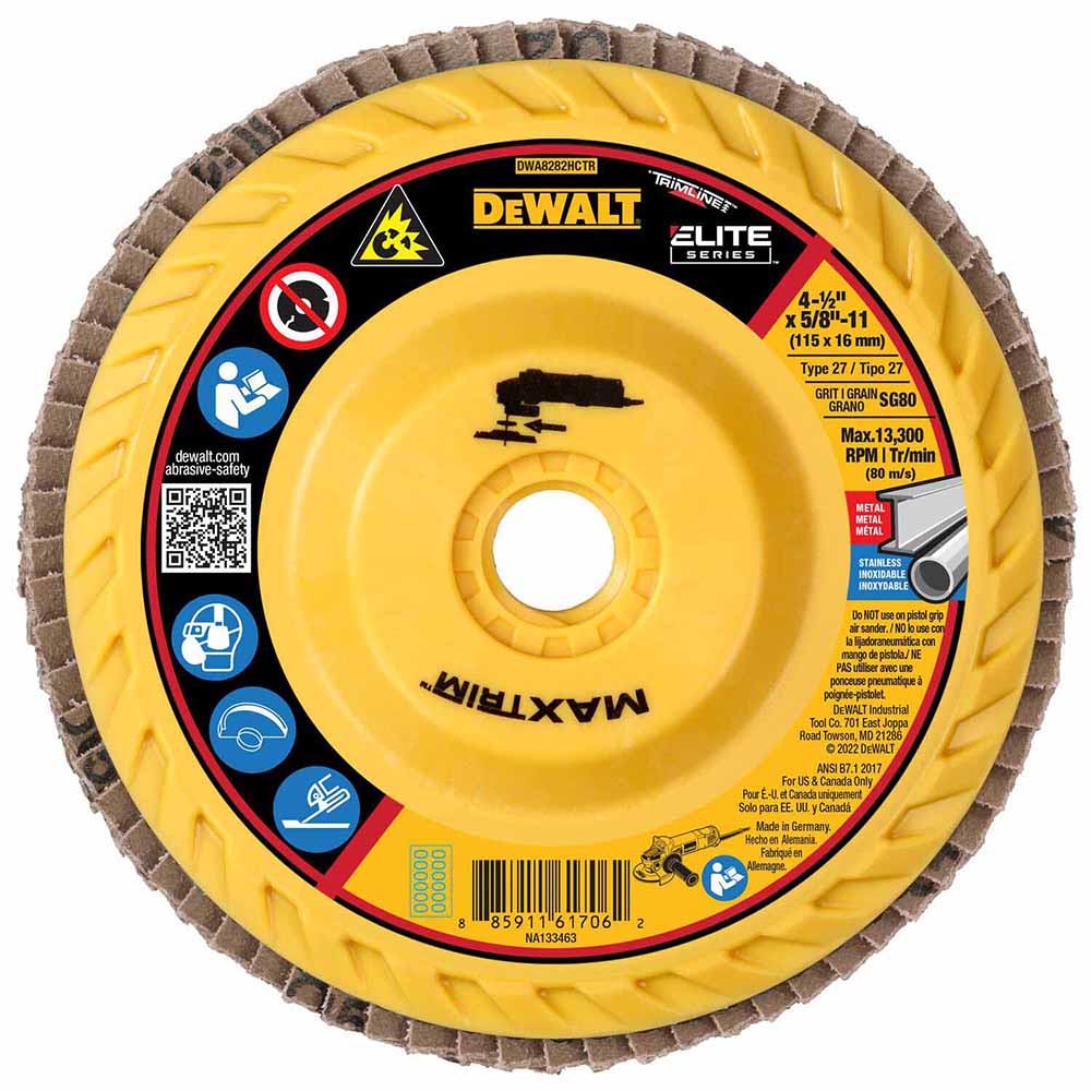 DeWalt DWA8282HCTR ELITE SERIES 4-1/2X5/8-11IN 80G T27 Trimmable Flap Disc