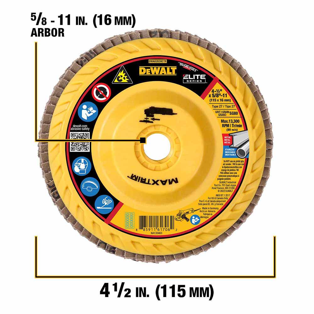 DeWalt DWA8282HCTR ELITE SERIES 4-1/2X5/8-11IN 80G T27 Trimmable Flap Disc - 2