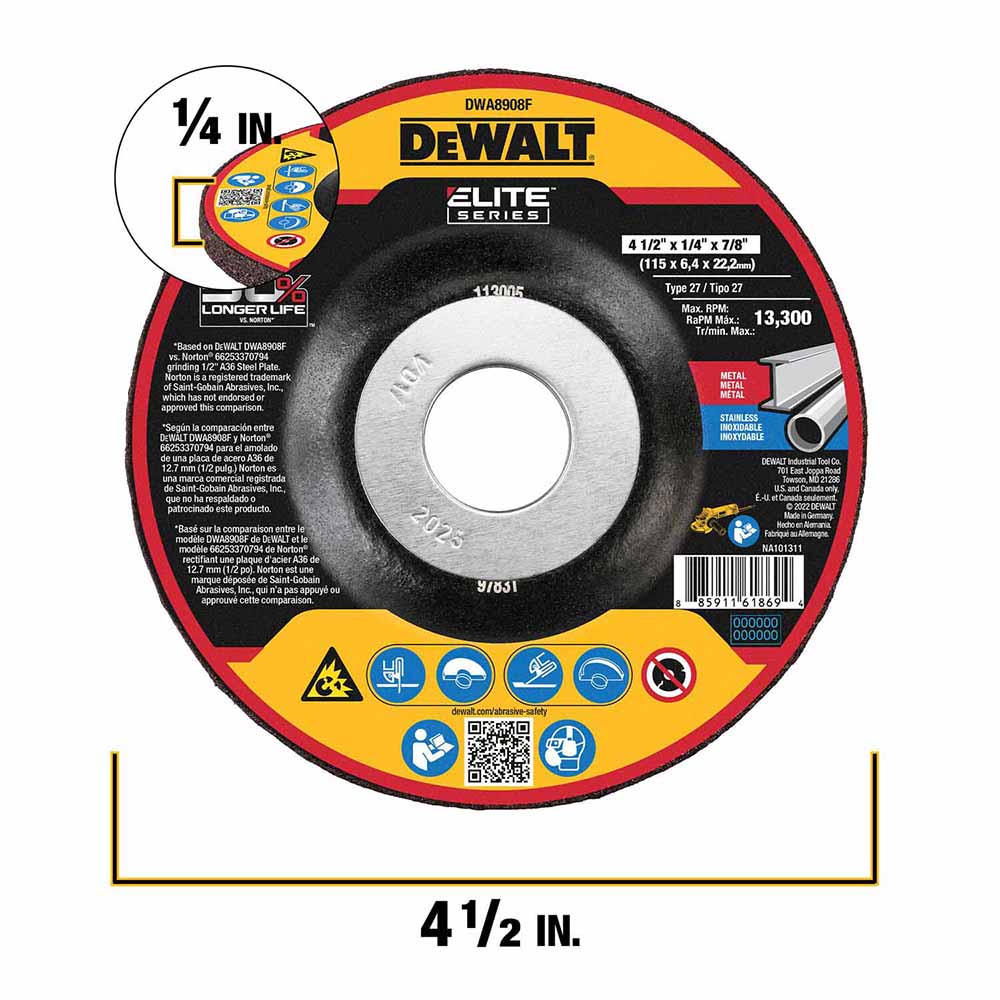 DeWalt DWA8908F ELITE SERIES Grinding Wheels 4-1/2" X 1/4" X 7/8" - 2