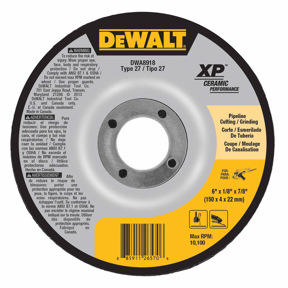 DeWalt DWA8918 6" x 1/8" x 7/8" Ceramic Abrasive Grinding Disk