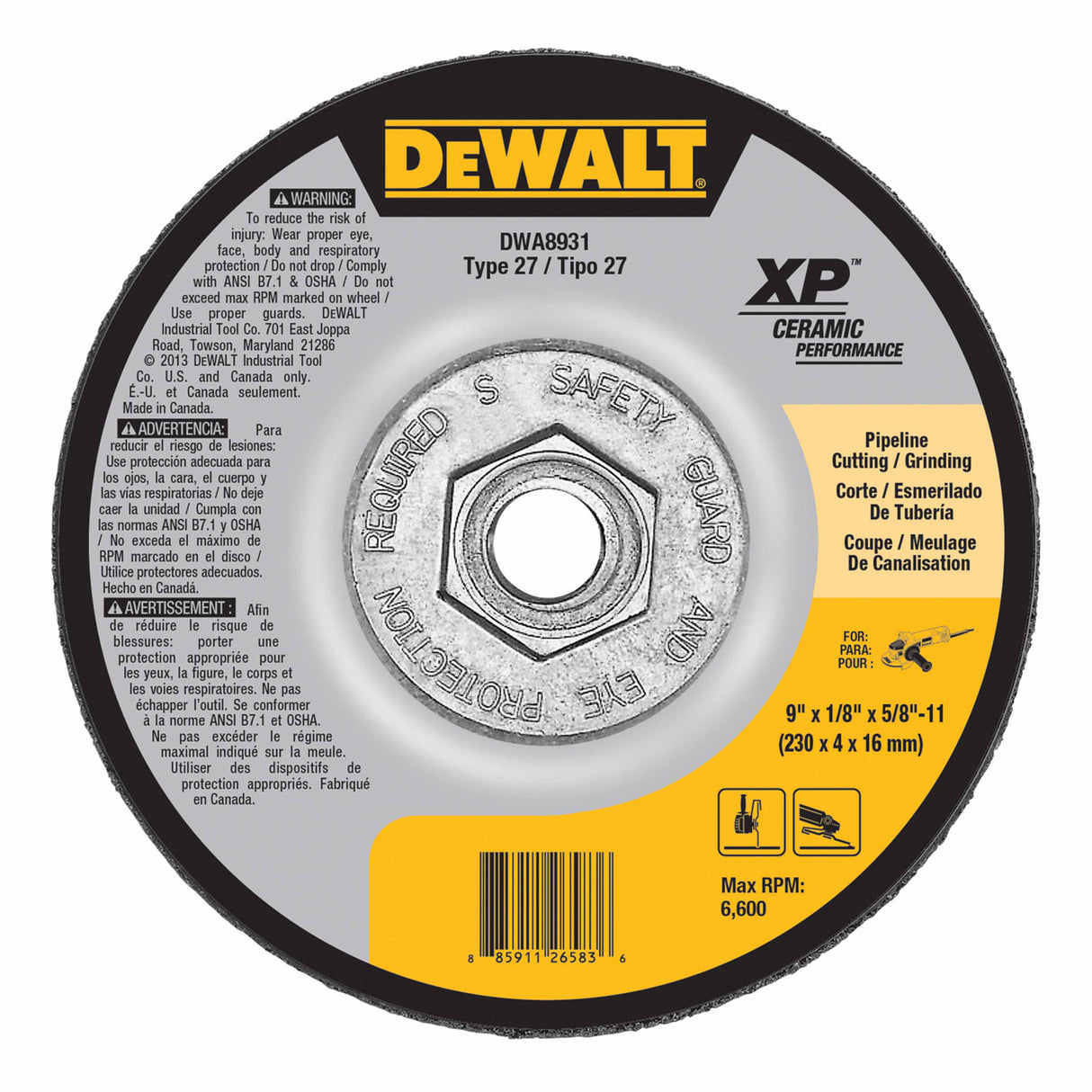 DeWalt DWA8931 9" x 1/8" x 5/8"-11 Ceramic Abrasive Grinding Disk