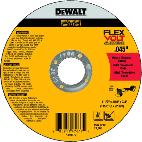 DeWalt DWAFV845045B5 4-1/2" x .045" x 7/8" Type 1 Metal Cutting Wheel 5 Pack