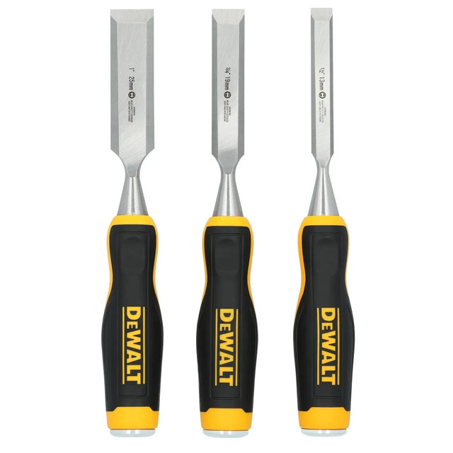DeWalt DWHT16862 Wood Chisel Set with Carbon Steel Blades and Bi Material Handles (3 Piece)