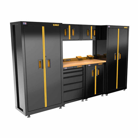 DeWalt DWST27501 Welded Storage Suite: 126-in Wide, 7 Piece Suite with 2-Door and 5-Drawer Base Cabinets and Wood Top