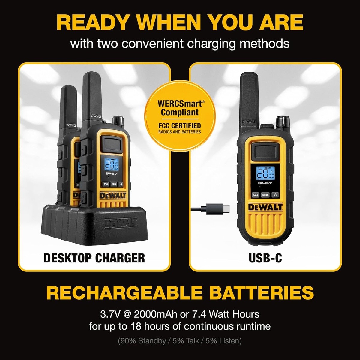 DeWalt DXFRS800-BCH6 2 Watt Heavy Duty Waterproof Shock Resistant Long Range Rechargeable Two-Way Radios with VOX (6 Pack with Gang Charger) - 18