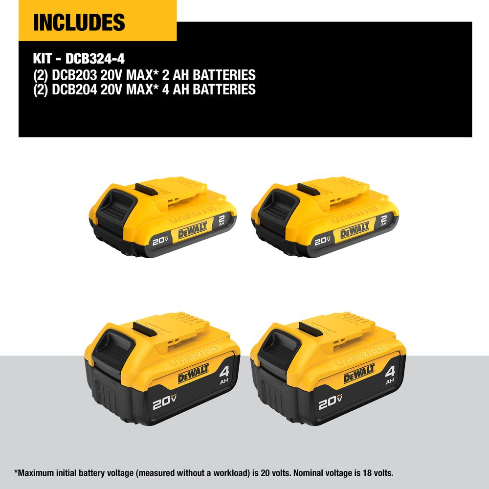 DeWalt DCB324-4 20V MAX Lithium-Ion Battery 4-Pack, (2) x 4.0 Ah + (2) 2.0 Ah - 3