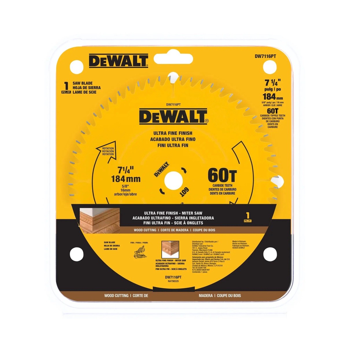 DeWalt DW7116PT 7-1/4" 60T Precision Trim Miter Saw Blade with 5/8" Arbor - 2