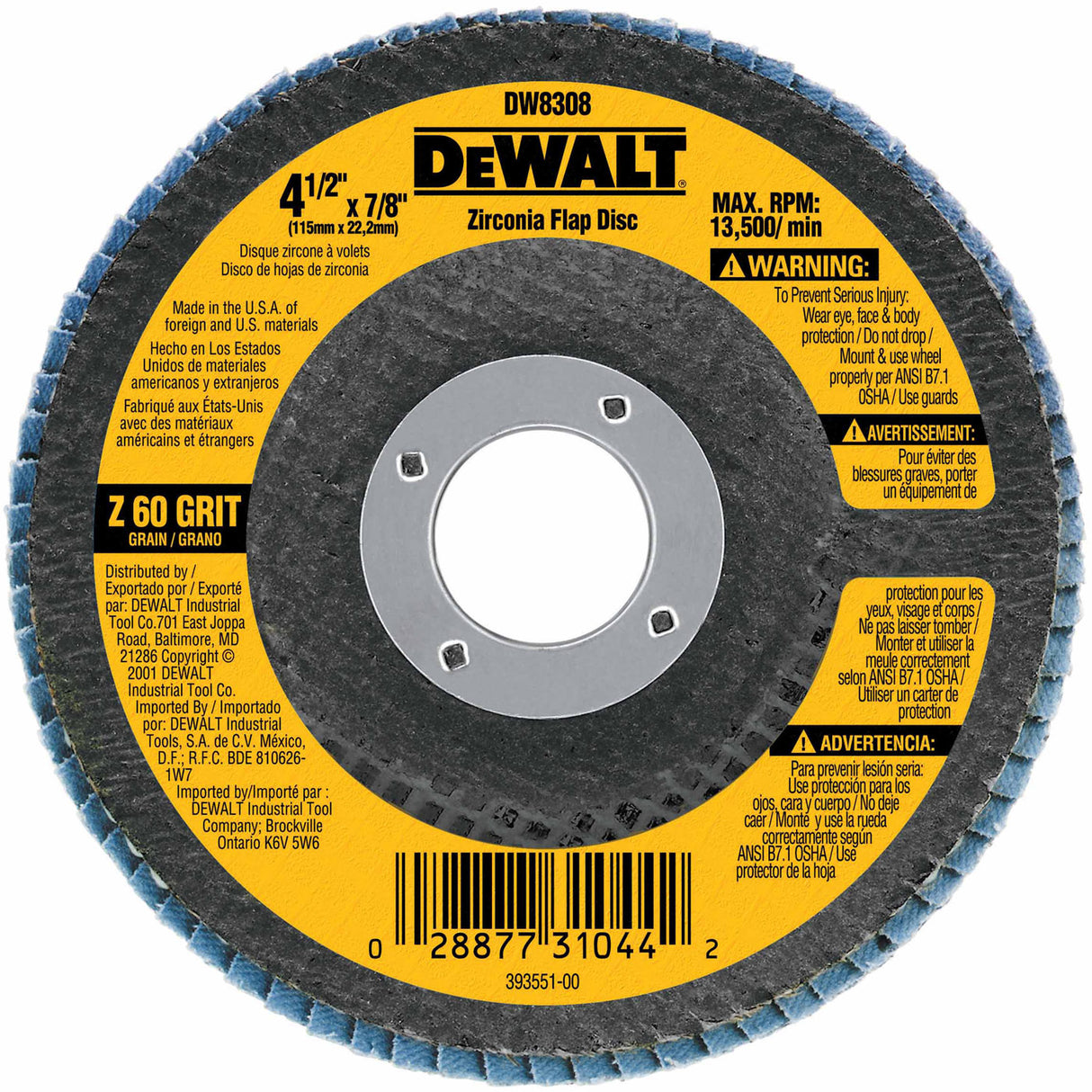 DeWalt DW8308 4-1/2" x 7/8" 60 Grit Zirconia Flap Disc