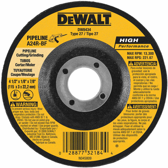 DeWalt DW8434 4-1/2" x 1/8" x 7/8" Pipeline Cutting / Grinding Wheel