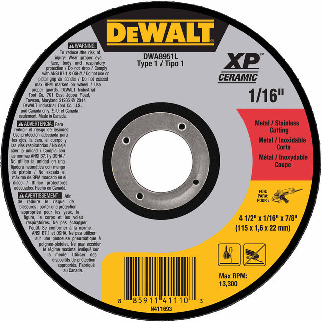 DeWalt DWA8951L 4-1/2" x 1/16" x 7/8" XP Ceramic Type 1 Metal / Stainless Cutting Wheel