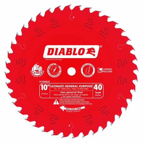 Diablo D1040UX 10" x 40 Tooth Ultimate General Purpose Saw Blade