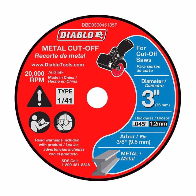 Diablo DBD030045105F 3" Metal Cut Off Disc - Thin Kerf (5-Pack)