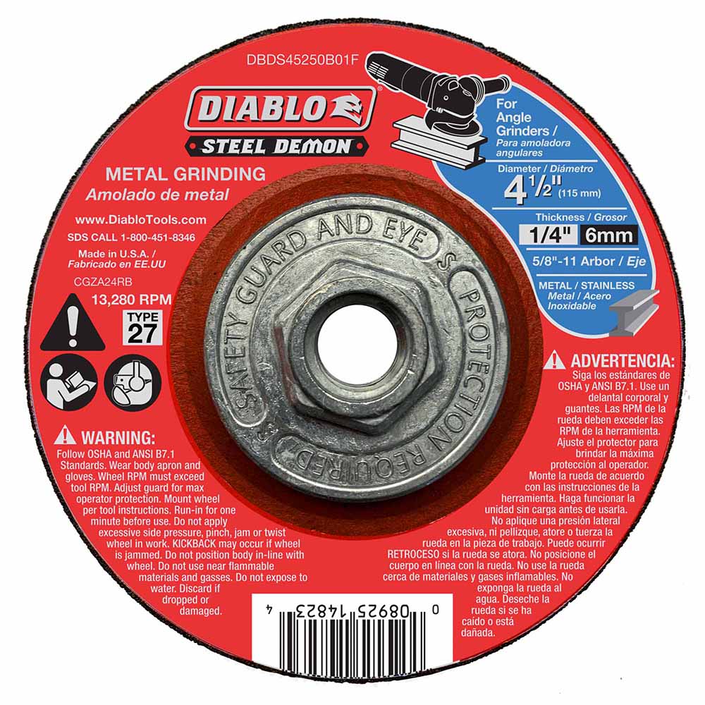 Diablo DBDS45250B01F Steel Demon 4-1/2" Type 27 HUB Metal Grinding Disc