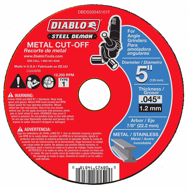 Diablo DBDS50045101F Steel Demon 5" Type 1 Metal Cut-Off Disc