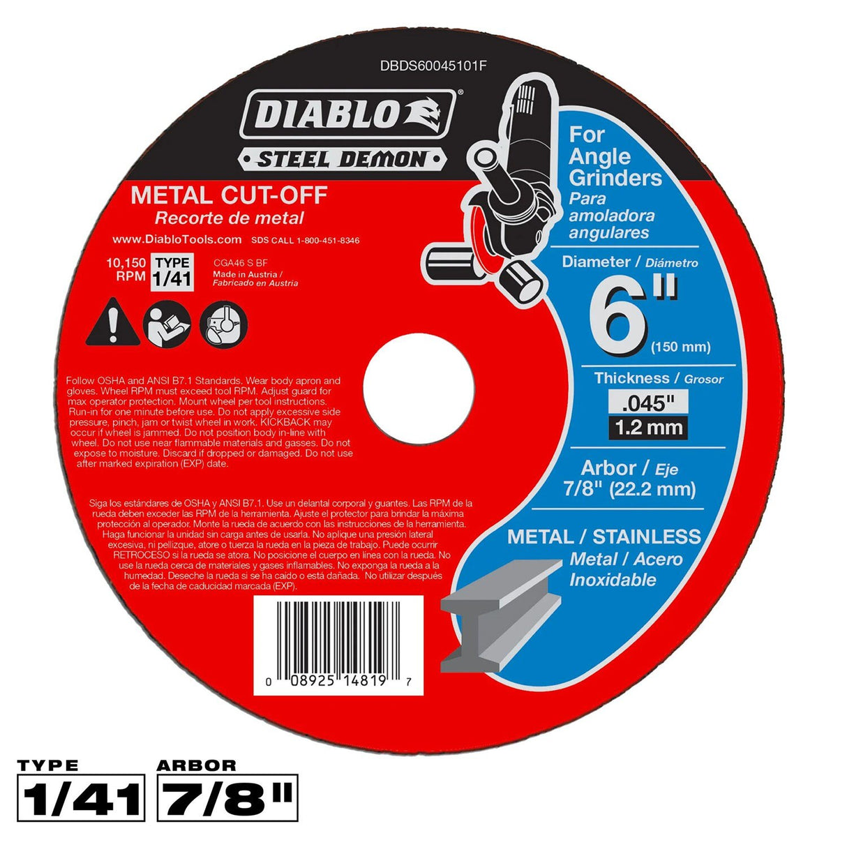 Diablo DBDS60045101F Steel Demon 6" Type 1/41 Metal Cut-Off Disc