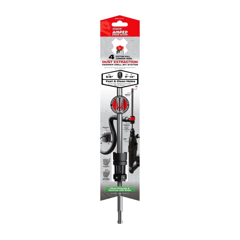 Diablo DMAPLA4510 AMPED Rebar Demon 5/8" x 8" x 14" SDS-Plus 4-Cutter Full Carbide Head Dust Extraction Hammer Drill Bit - 3