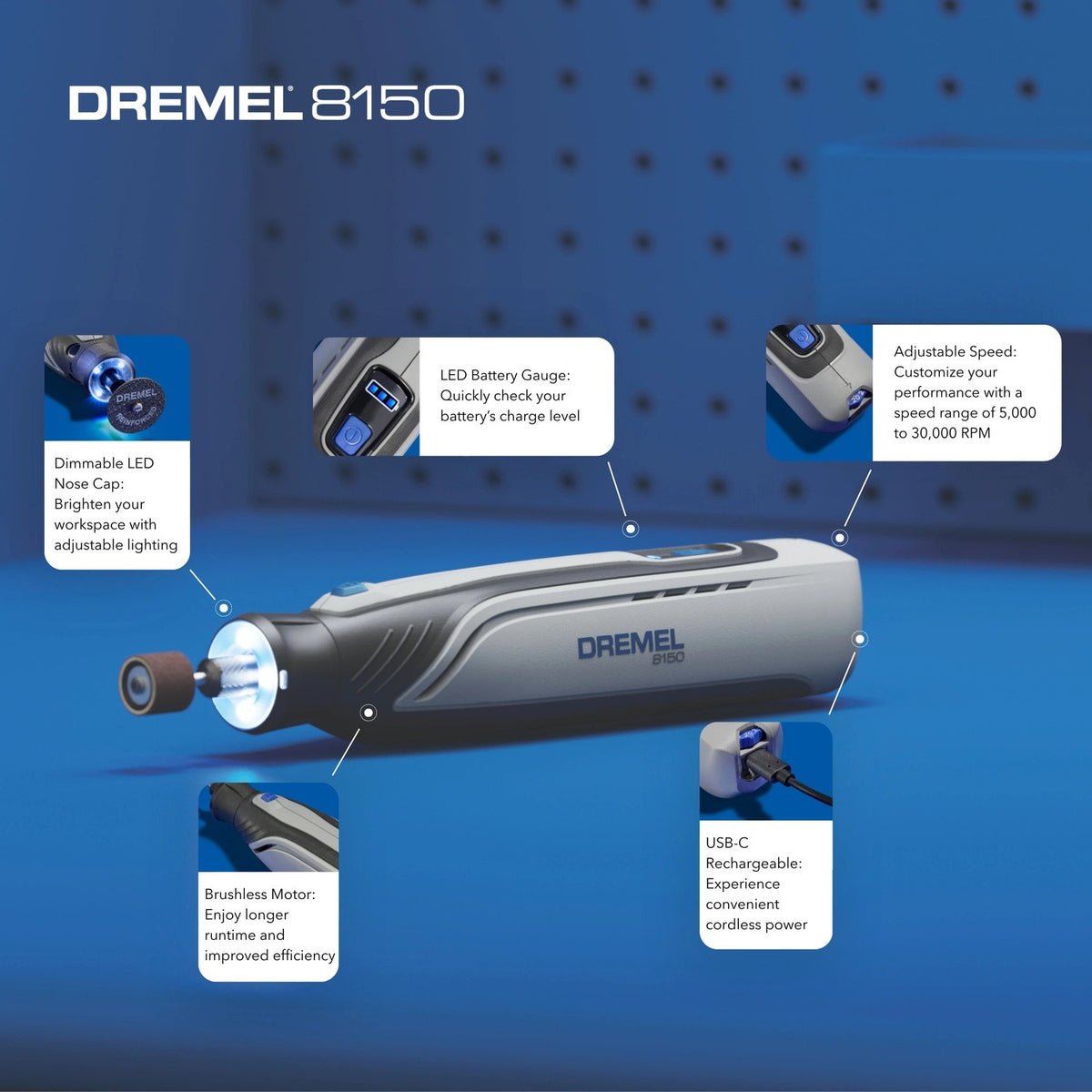 Dremel 8150-N20 8V Brushless USB-C Rechargeable Cordless Rotary Tool with LED Work Light - 4