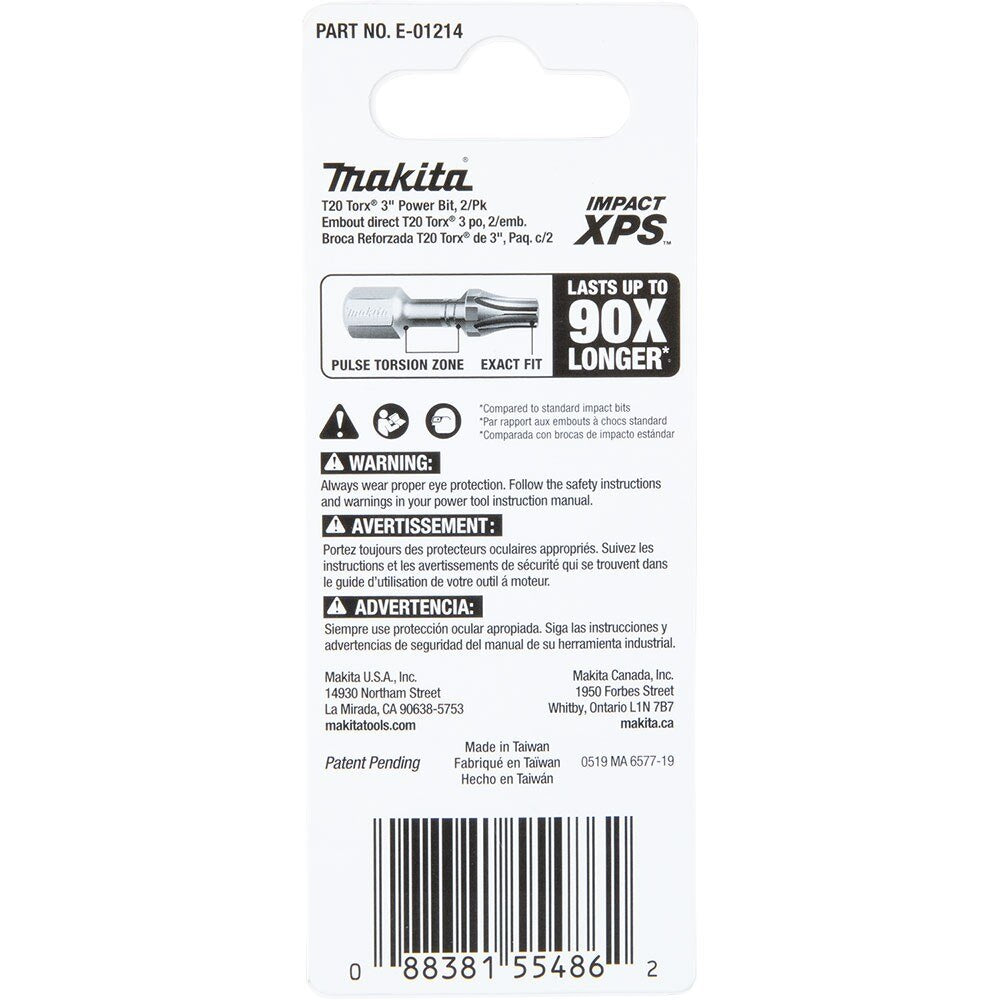 Makita E-01214 Impact XPS T20 Torx 3" Power Bit, 2 Pack - 4