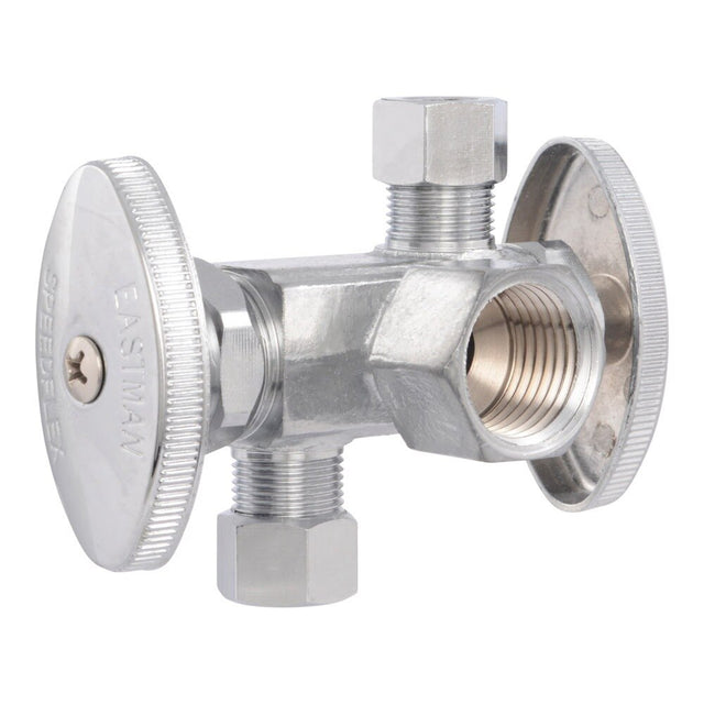 Eastman 04325LF 3/8 in. OD x 3/8 in. OD x 1/2 in. FIP Multi Turn Dual Outlet Stop Valve