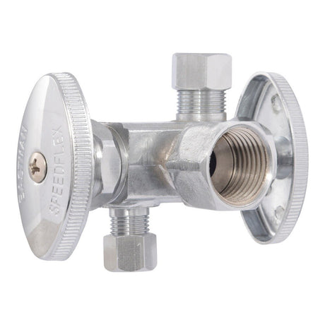 Eastman 04423LF 3/8 in. OD x 1/4 in. OD x 1/2 in. FIP Dual-Handle Multi-Turn Dual Outlet Stop Valve