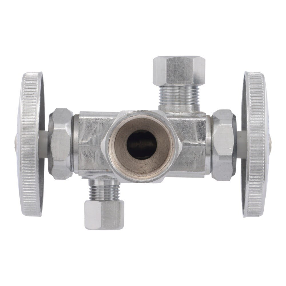 Eastman 04423LF 3/8 in. OD x 1/4 in. OD x 1/2 in. FIP Dual-Handle Multi-Turn Dual Outlet Stop Valve - 2