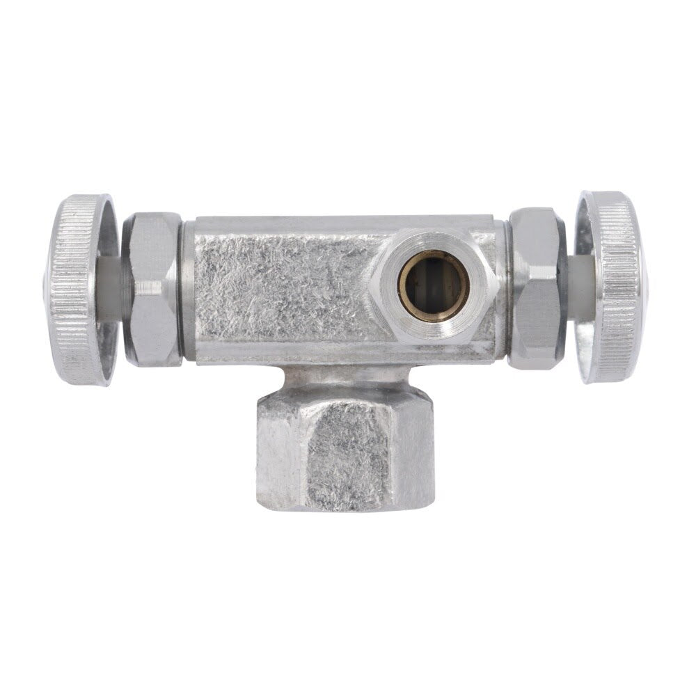 Eastman 04423LF 3/8 in. OD x 1/4 in. OD x 1/2 in. FIP Dual-Handle Multi-Turn Dual Outlet Stop Valve - 3