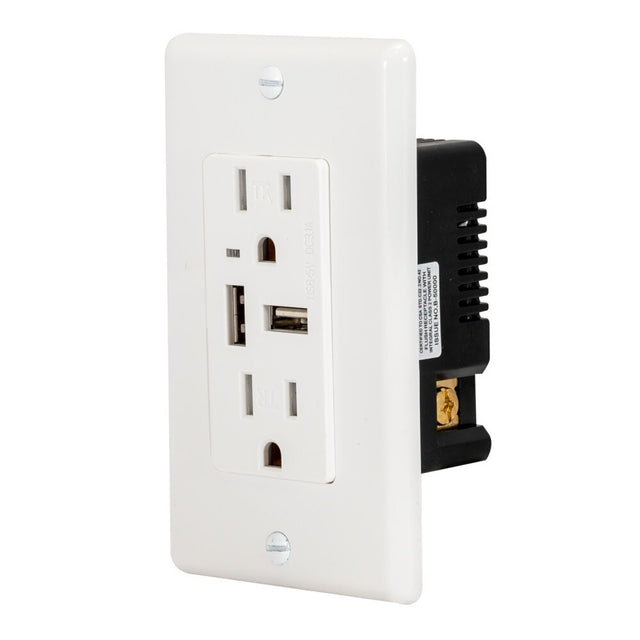 Eastman 62186 15 Amp Tamper Resistant Duplex Outlet with Dual USB Charger and Wall Plate