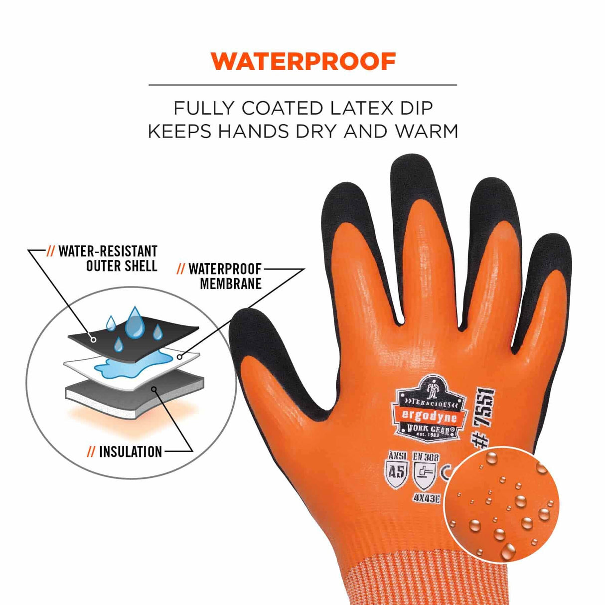 Ergodyne 17993 7551-CASE M Orange ANSI A5 Coated Waterproof CR Gloves 144-Pair - 5