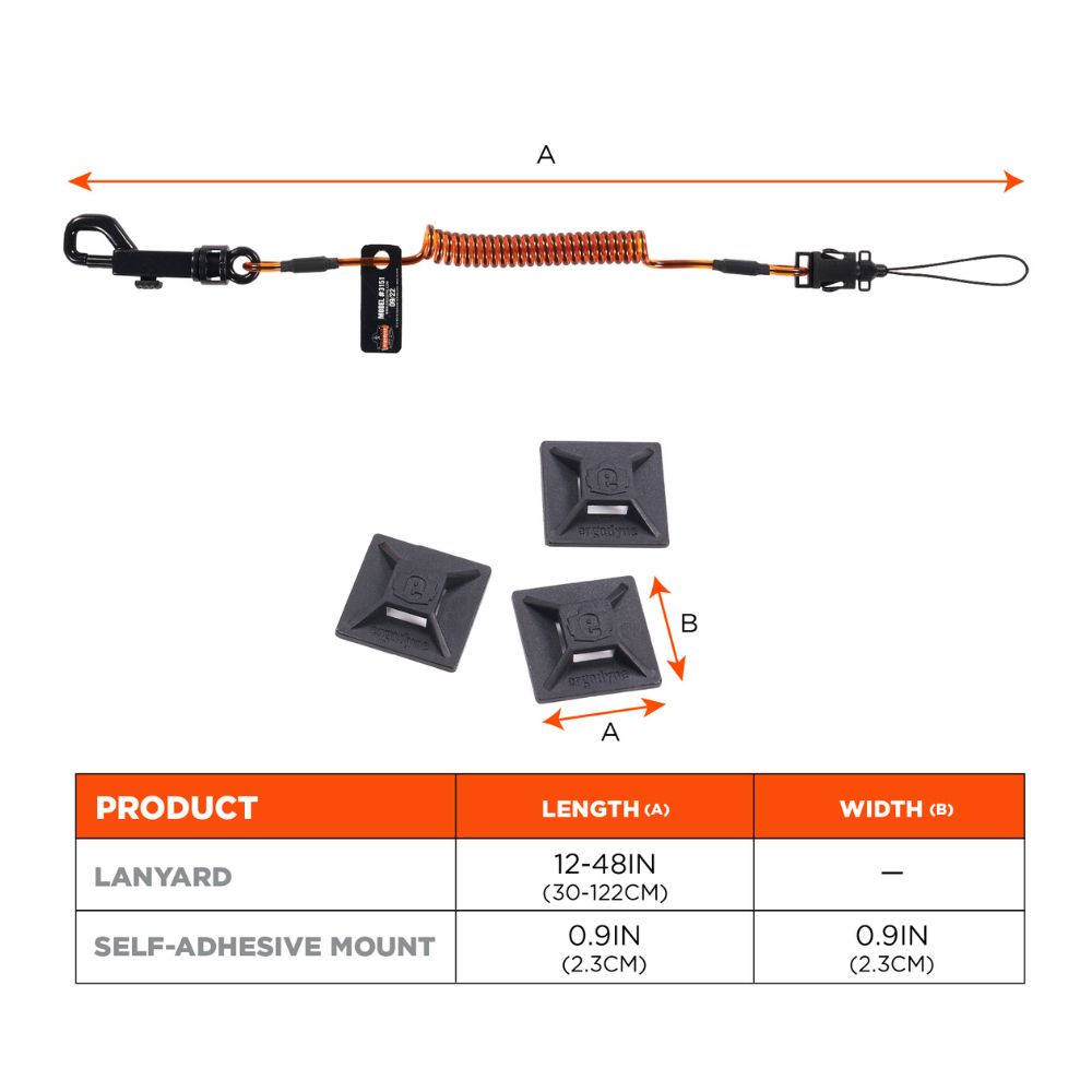 Ergodyne 19160 #3151 Orange and Black Coil Lanyard plus Mini Adhesive Mounts - 6