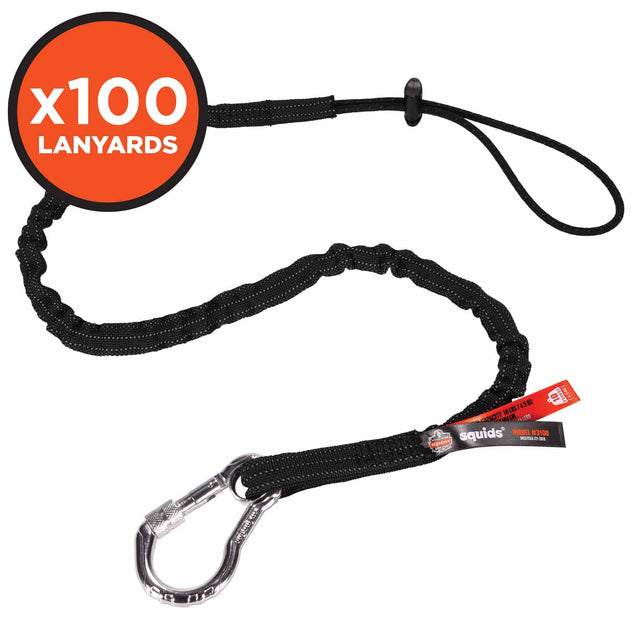 Ergodyne 19204 3100-100PK Standard Black Lanyard - Carabiner + Loop - 10lbs 100-Pack