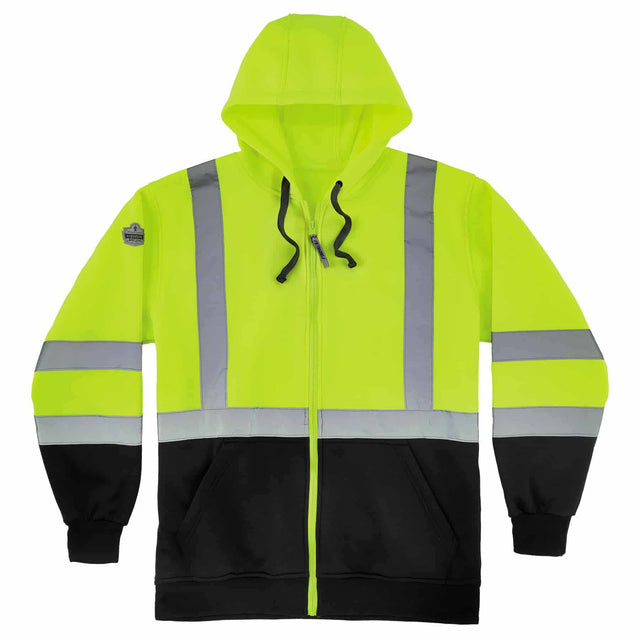 Ergodyne 21843 8372 M Lime Class 3 Hooded Sweatshirt Black Bottom - Zipper