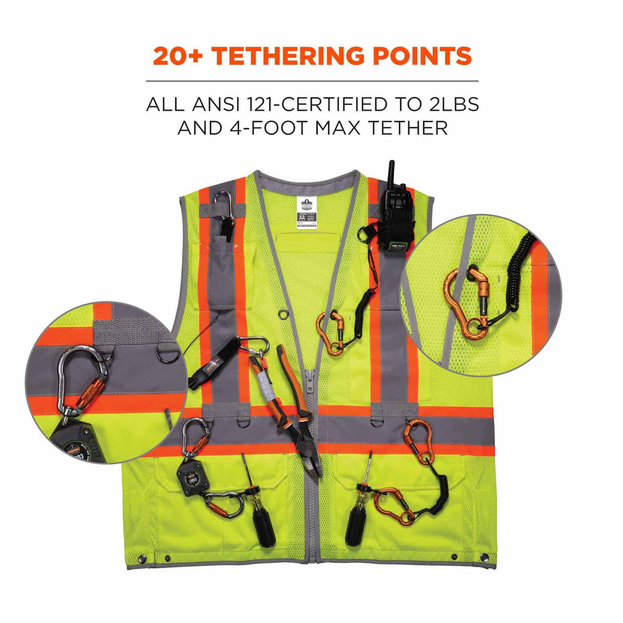 Ergodyne 24173 8231TV S/M Lime Class 2 Hi-Vis Tool Tethering Safety Vest - 3