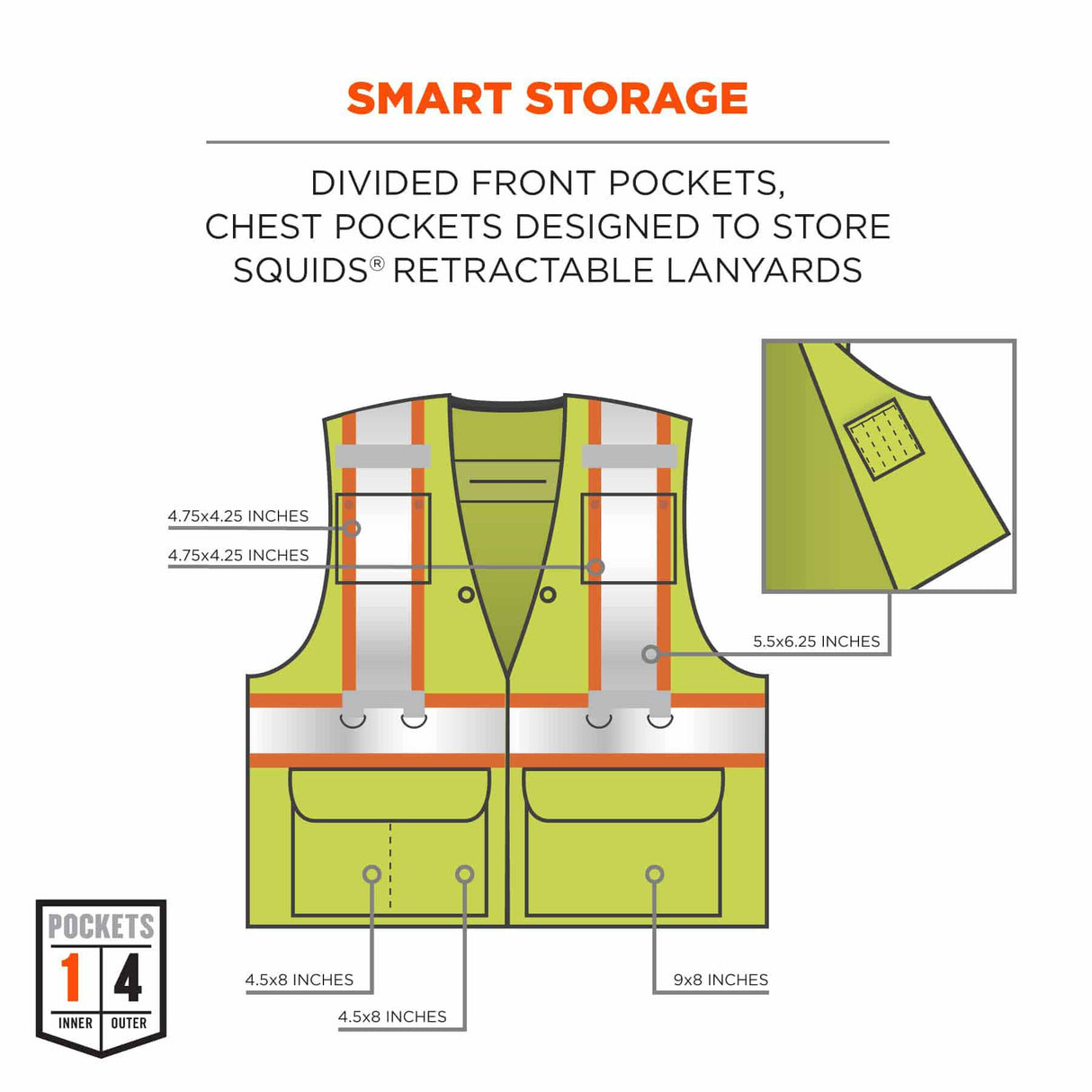 Ergodyne 24173 8231TV S/M Lime Class 2 Hi-Vis Tool Tethering Safety Vest - 5