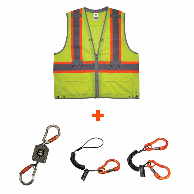 Ergodyne 24185 8231TVK L/XL Lime Class 2 Hi-Vis Tool Tethering Safety Vest Kit