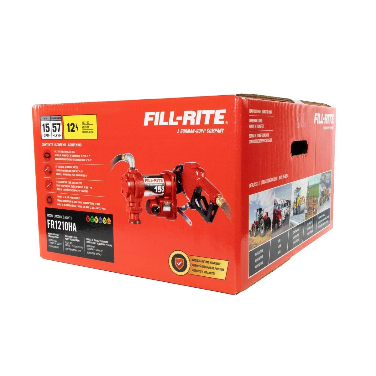 Fill-Rite FR1210HA 12V DC 15 GPM Fuel Transfer Pump Kit with Auto Nozzle and 3/4" x 12' Hose (1 Kit) - 3