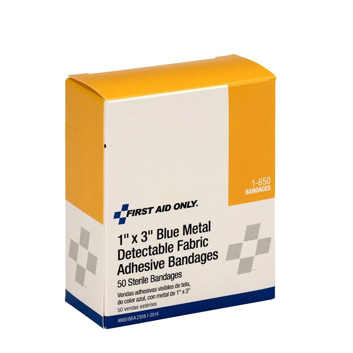 First Aid Only 1-650 1" x 3" Blue Metal Detectable Fabric Adhesive Bandages (50 Count) - 3