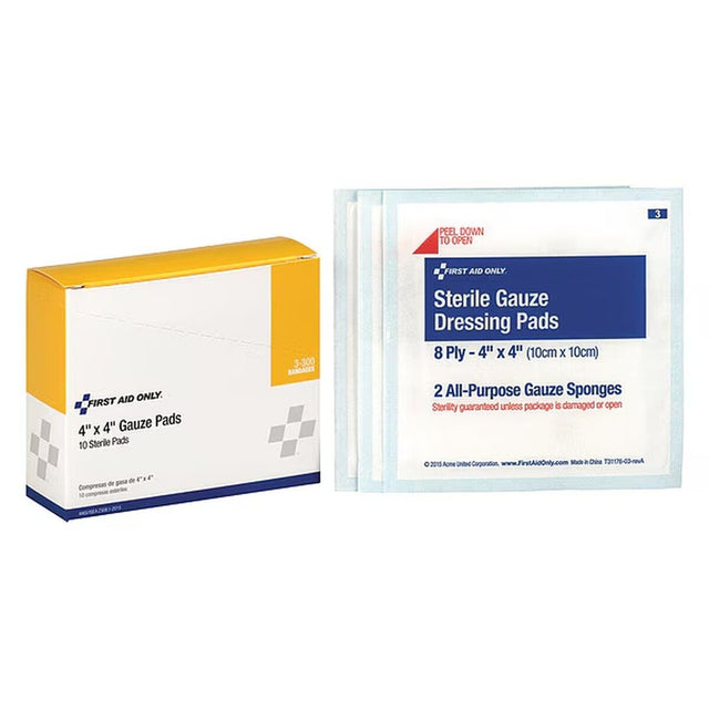 First Aid Only 3-300 4" x 4" Sterile Gauze Dressing Pads (10 Per Box)